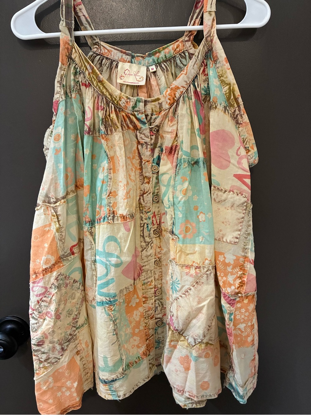 CUTEST Boho Patchwork Button-Front Tank Top - Pastel Multi w/ graphic features.